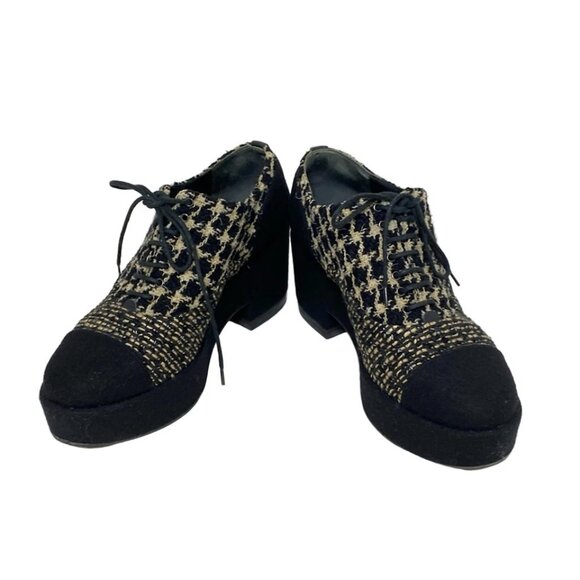 CHANEL - Black Beige Tweeds Chemical Fiber Women's Shoes 431-062725 - Picture 2 of 8